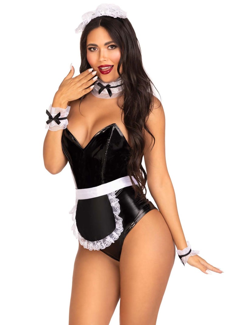 Leg Avenue طقم ملحقات زي نسائي من ليغ أفينيو 4 قطع مع مئزر، خادمة فرنسية أسود/أبيض، O/S - Image 1